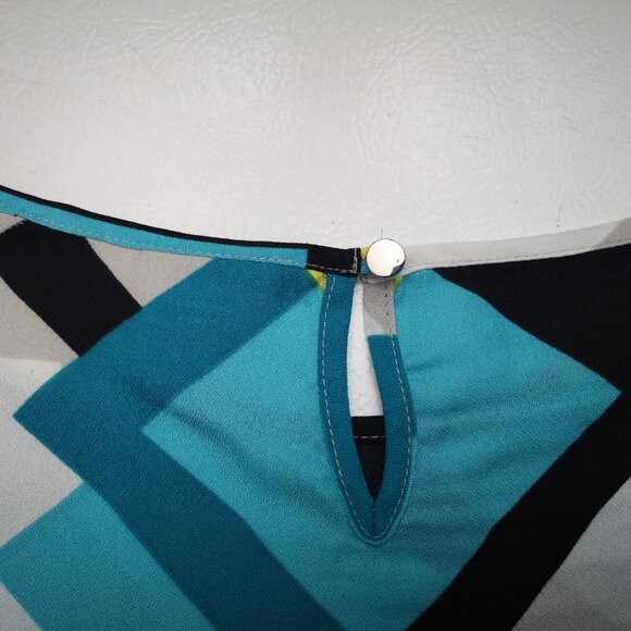 Worthington Ladies Size medium Teal Yellow White Grey & Black Patterned Blouse - Picture 6 of 9